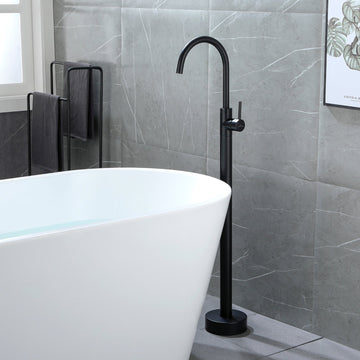 Freestanding Floor Mount Single Handle Bath Tub Filler Faucet with Water Supply Lines in Matte Black