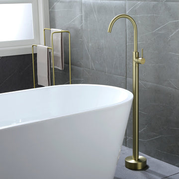 Freestanding Floor Mount Single Handle Bath Tub Filler Faucet with Water Supply Lines in Brushed Gold