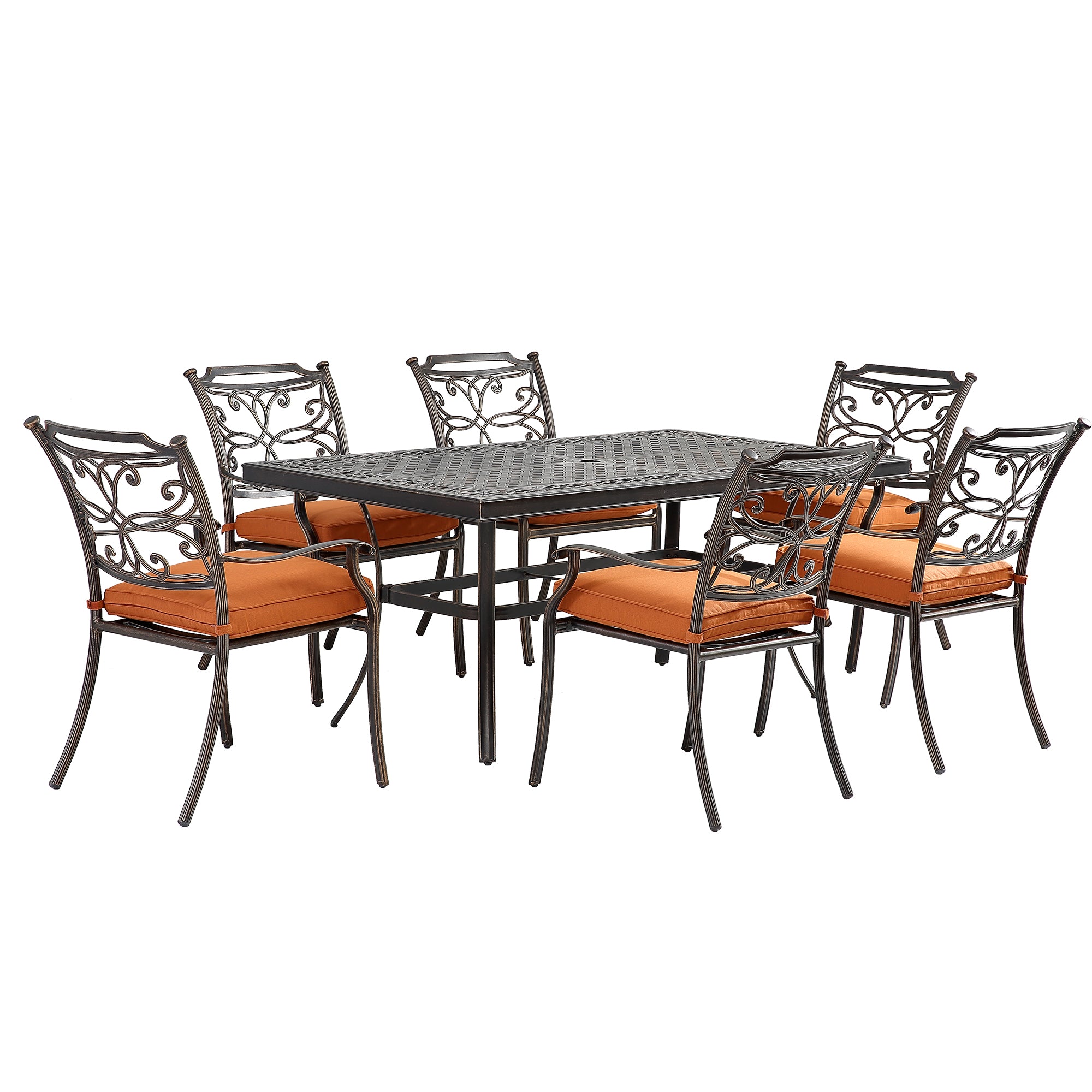 7-piece cast aluminum dining table set with rectangular rounded corner table and diagonal Flower-Shaped dining chairs