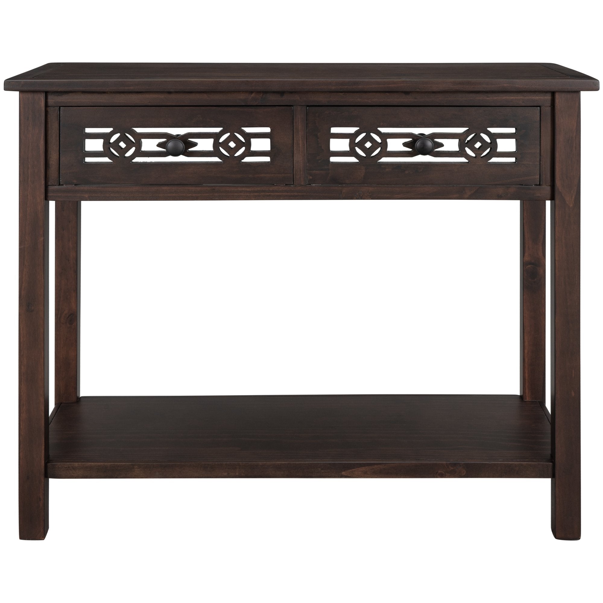Classic Console Table with Hollow-out Decoration Two Top Drawers and Open Shelf