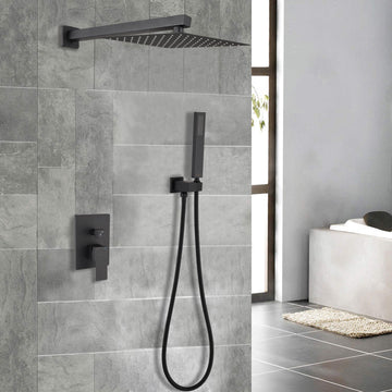 Shower System Wall Mounted with 10 in. Square Rainfall Shower head and Handheld Shower Head Set, Matte Black