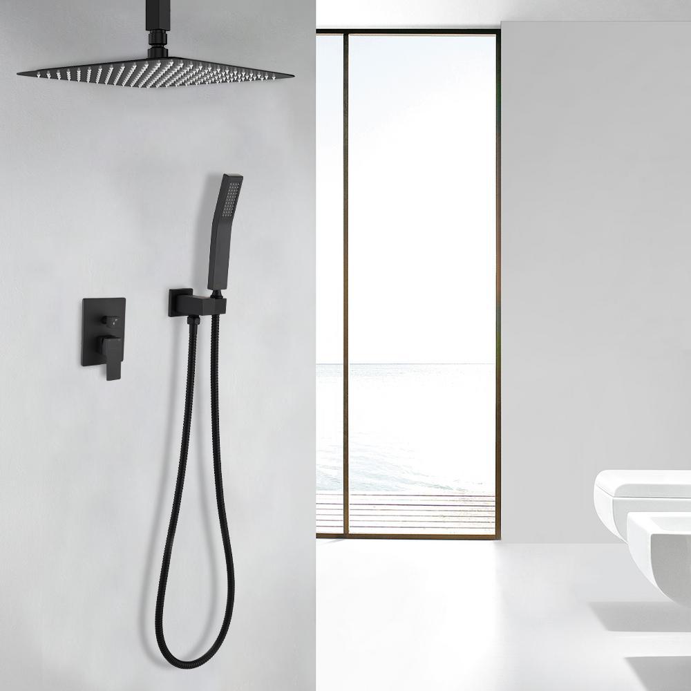 Shower System Ceiling Mounted with 12 in. Square Rainfall Shower head and Handheld Shower Head Set, Matte Black - Alipuinc
