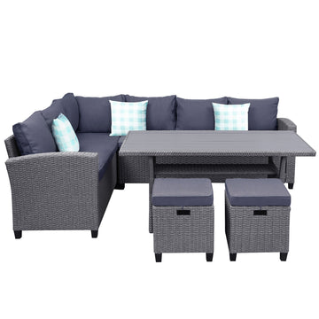 5 Piece Outdoor Conversation Set All Weather Wicker Sectional Sofa Couch Dining Table Chair with Ottoman and Throw Pillows