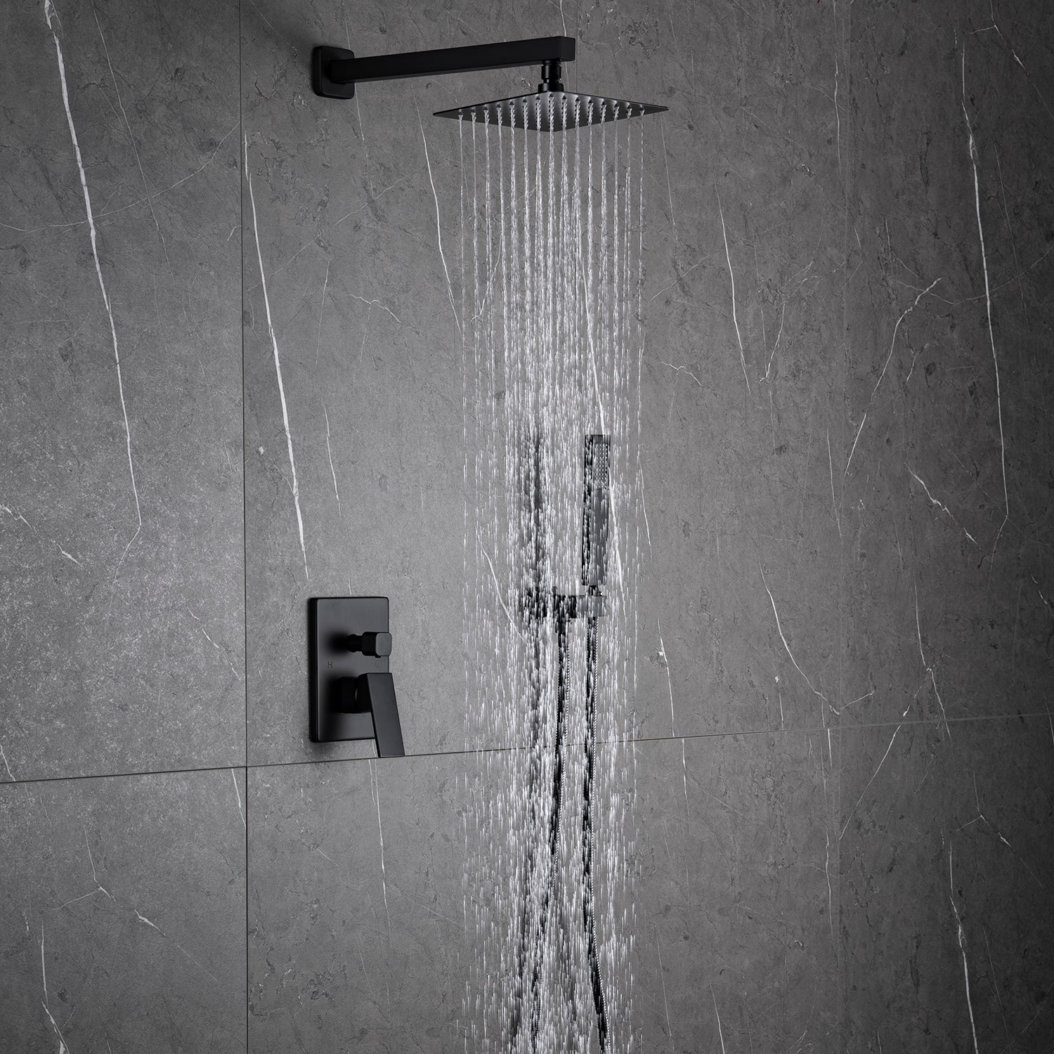 10 in. Square Pressure Balance Valve Shower System Bathroom Shower Towers with Slide Bar Hand-Shower in Matte Black - Alipuinc
