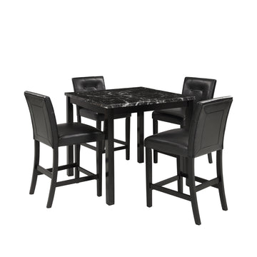 5-Piece Kitchen Table Set Marble Top Counter Height Dining Table Set with 4 Leather-Upholstered Chairs (Black)