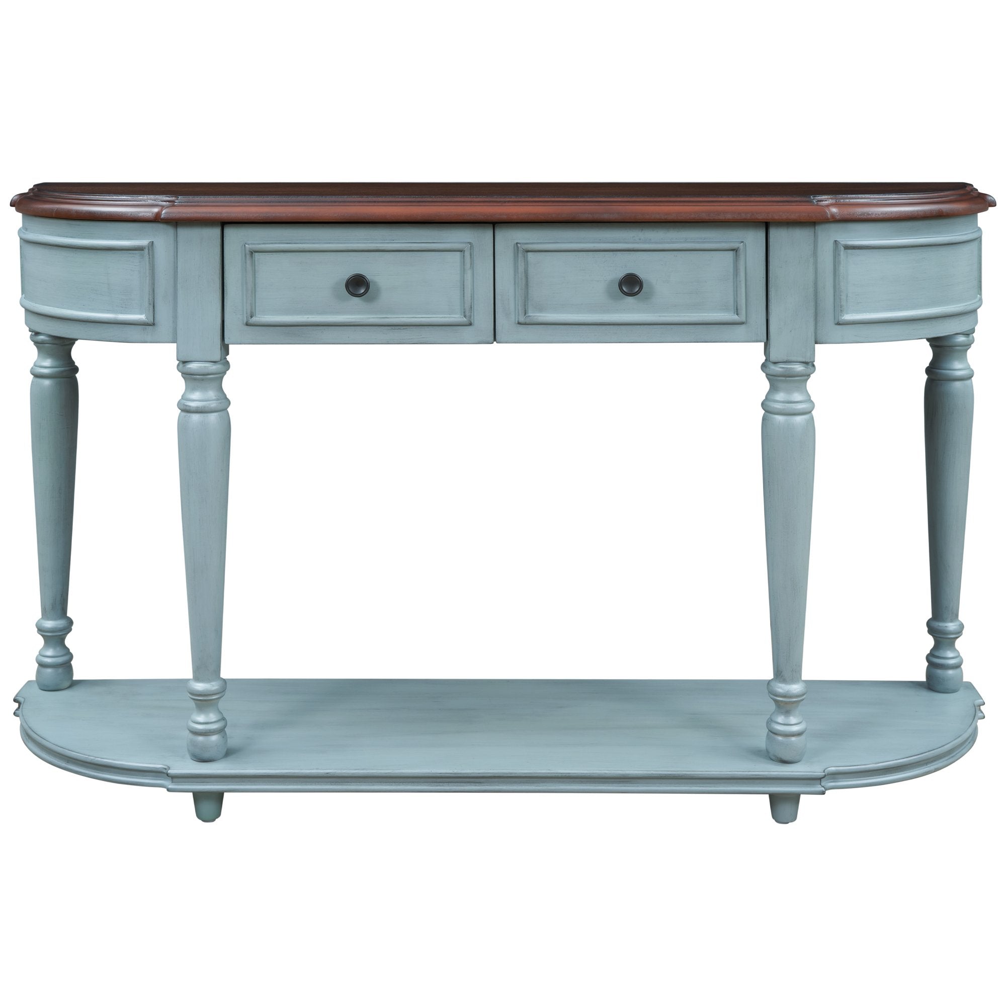 Retro Circular Curved Design Console Table with Open Style Shelf Solid Wooden Frame and Legs Two Top Drawers