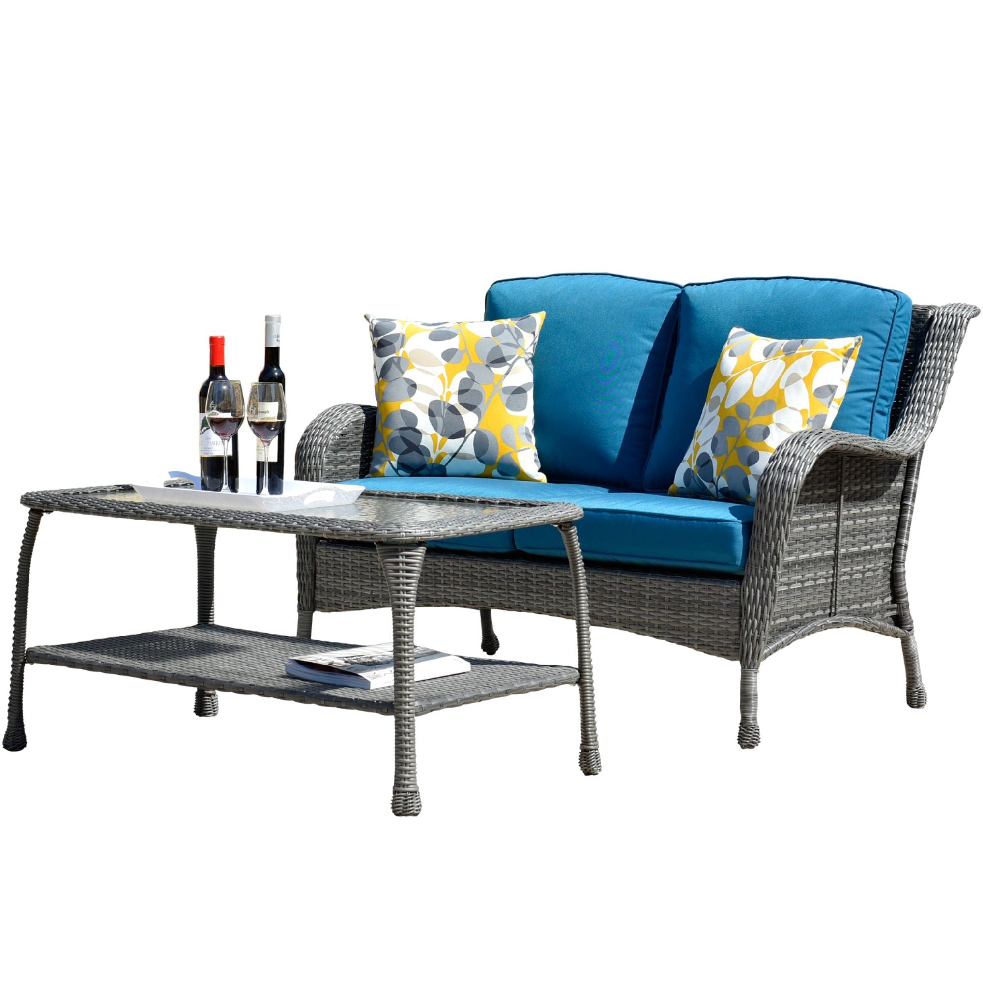 Gray 2-Piece Wicker Rattan Patio Conversation Sectional Set with Blue Cushions