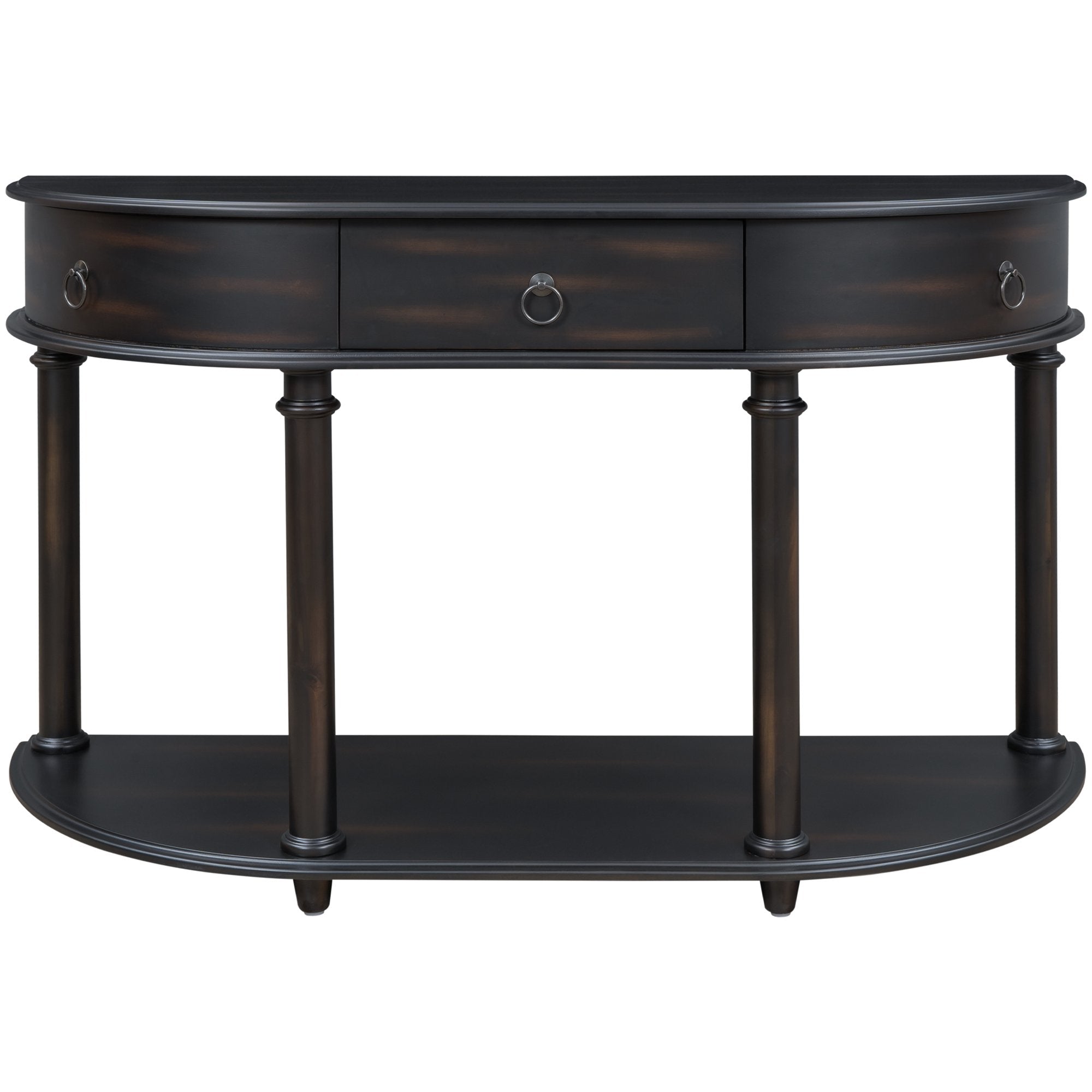 Retro Curved Console Table, Solid Wood Frame and Legs with Single Drawer Half Moon Entry Table