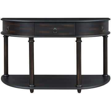 Retro Curved Console Table, Solid Wood Frame and Legs with Single Drawer Half Moon Entry Table