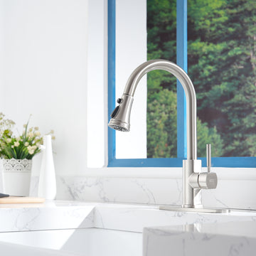 3-function single-handle pull-down spout kitchen faucet with base plate