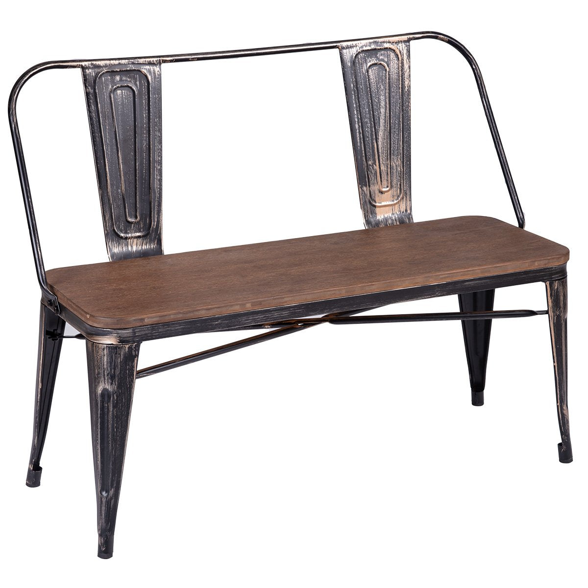 Rustic Vintage Style Distressed Dining Table Bench with Wooden Seat Panel and Metal Backrest & Legs