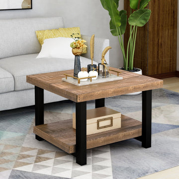Rustic Natural Coffee Table with Storage Shelf (26"x26")