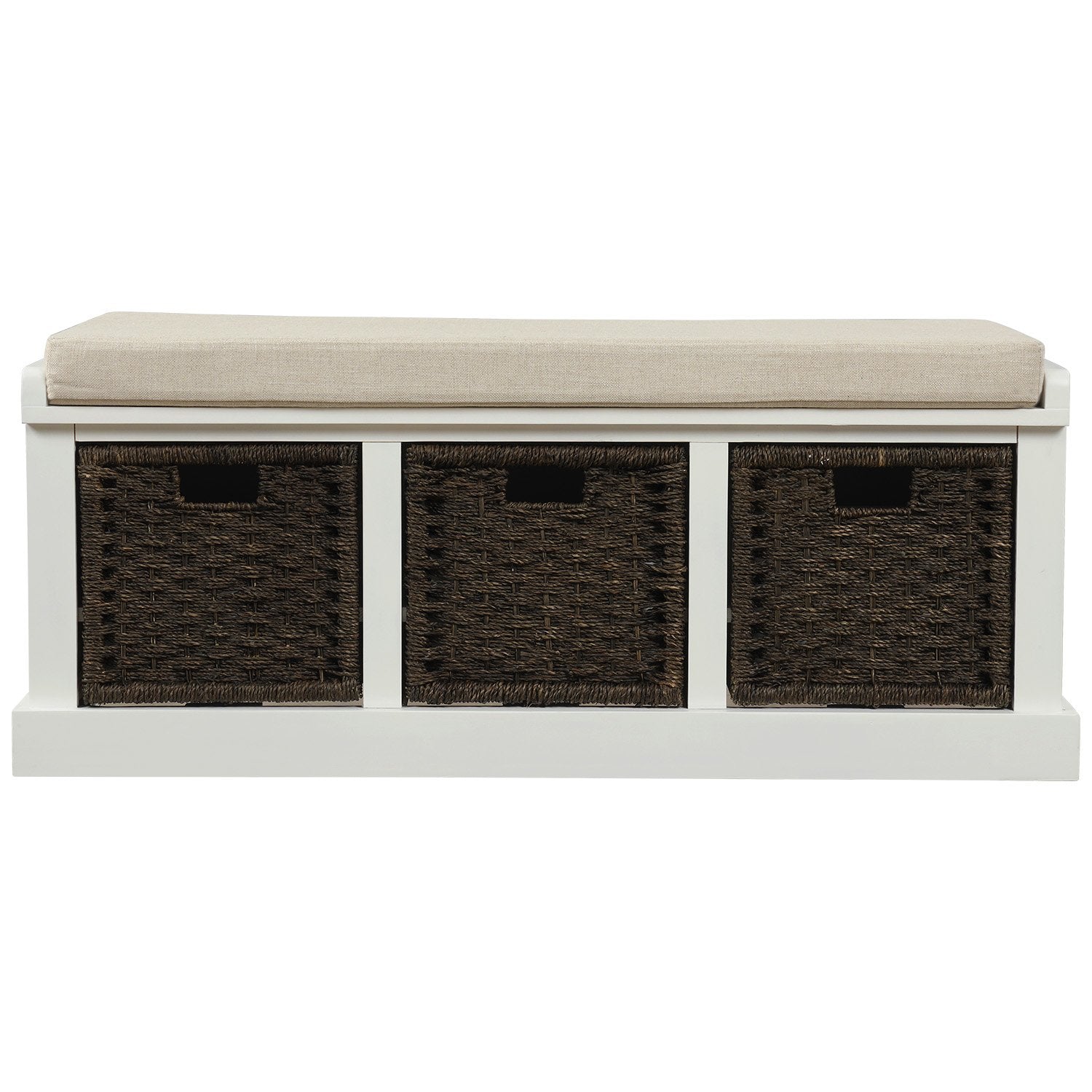 Rustic Storage Bench with 3 Removable Classic Rattan Basket , Entryway Bench Storage Bench with Removable Cushion