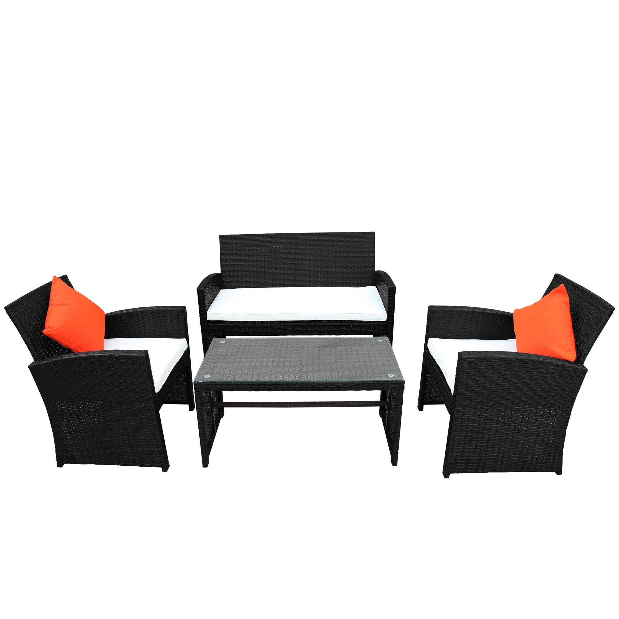 4-Piece Outdoor Patio Set  Rattan Loveseat and Chairs with Tempered Glass Tabletop, Cushioned Seats