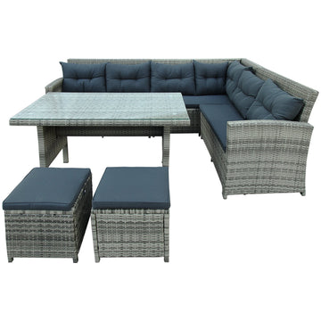 6-Piece Patio Furniture Set Outdoor Sectional Sofa with Glass Table, Ottomans