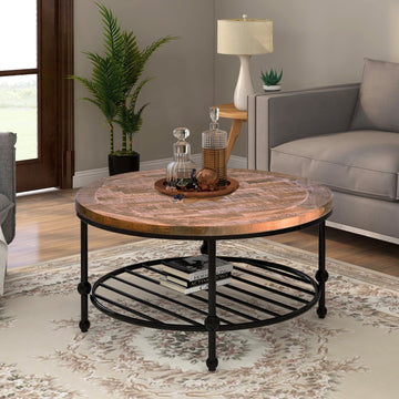 Rustic Natural Round Coffee Table with Storage Shelf  (Round)