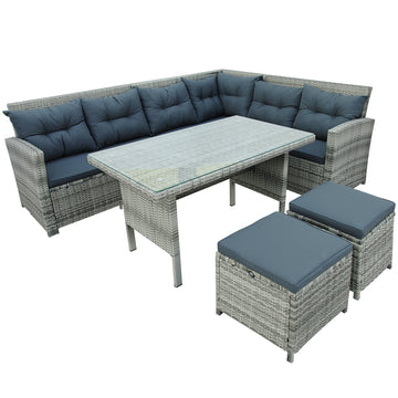 6-Piece Patio Furniture Set Outdoor Sectional Sofa with Glass Table, Ottomans for Pool, Backyard, Lawn
