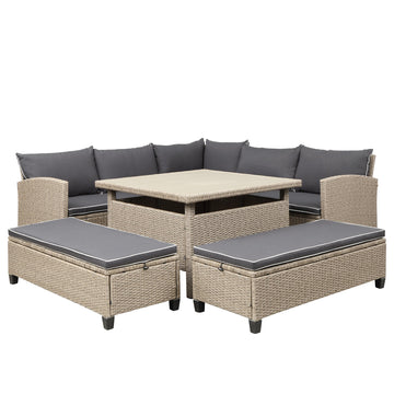 6-Piece Patio Furniture Set Outdoor Wicker Rattan Sectional Sofa with Table and Benches