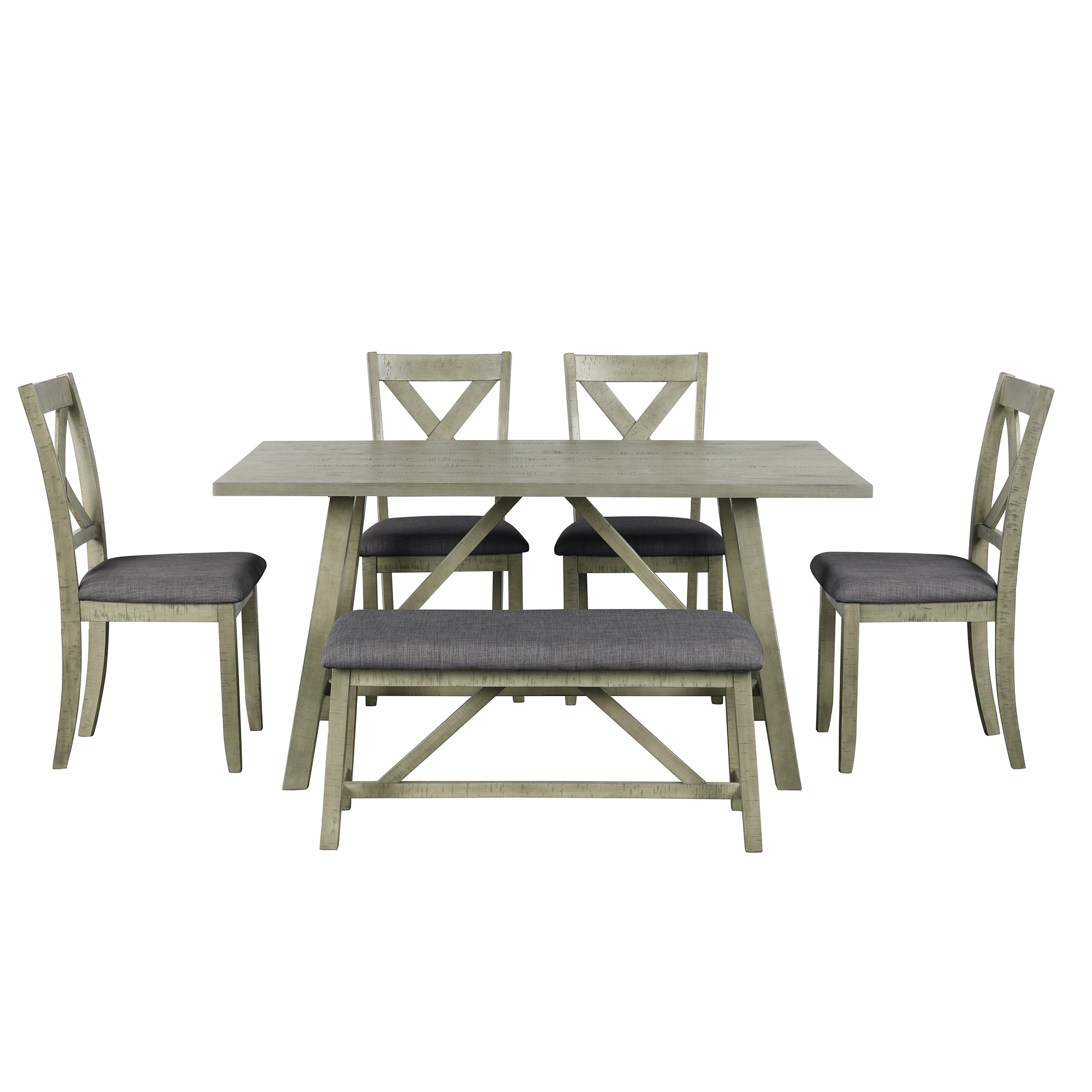 6 Piece Dining Table Set Wood Dining Table and chair Kitchen Table Set with Table, Bench and 4 Chairs, Rustic Style, Gray