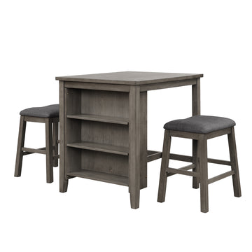 3 Piece Square Dining Table with Padded Stools, Table Set with Storage Shelf,Dark Gray