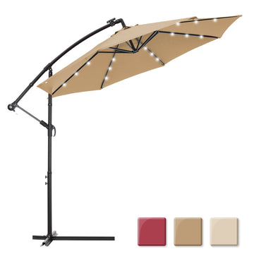 10 FT Solar LED Patio Outdoor Umbrella Hanging Cantilever Umbrella Offset Umbrella Easy Open Adustment with 24 LED Lights -taupe