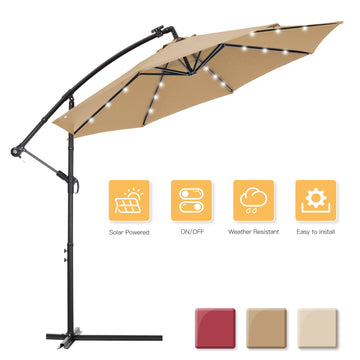 10 FT Solar LED Patio Outdoor Umbrella Hanging Cantilever Umbrella Offset Umbrella Easy Open Adustment with 24 LED Lights -taupe