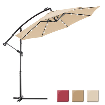10 FT Solar LED Patio Outdoor Umbrella Hanging Cantilever Umbrella Offset Umbrella Easy Open Adustment with 24 LED Lights - tan