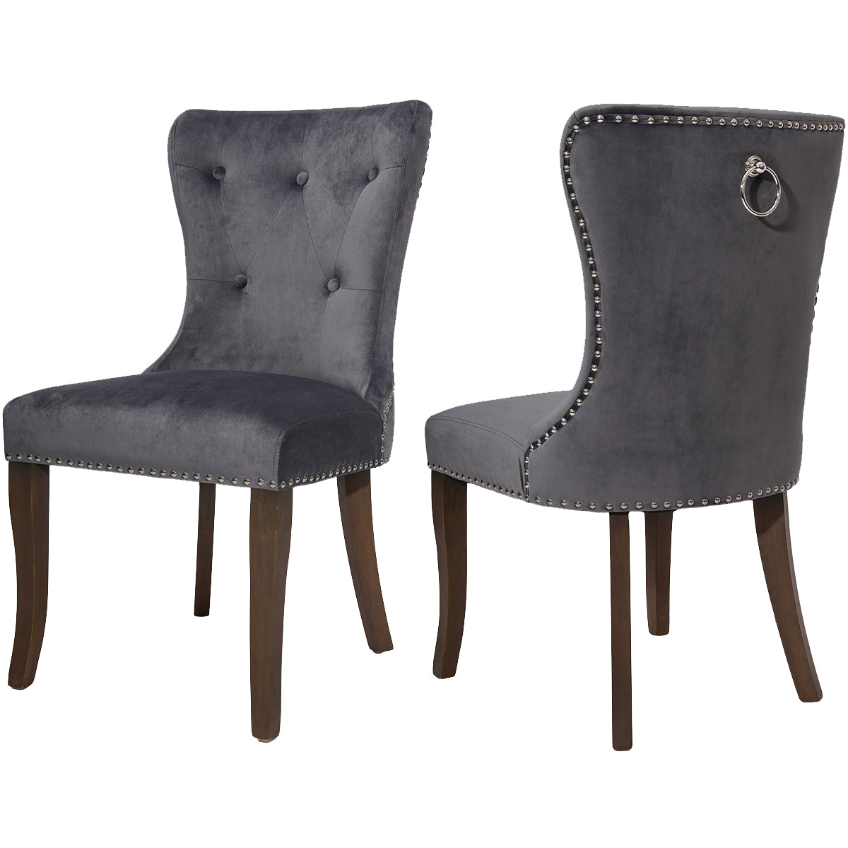 Victorian Dining Chair Button Tufted Armless Chair Upholstered Accent Chair, Nailhead Trim, Chair Ring Pull Set of 2 (Grey)