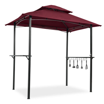 Outdoor Grill Gazebo 8 x 5 Ft, Shelter Tent, Double Tier Soft Top Canopy and Steel Frame with hook and Bar Counters, - Burgundy