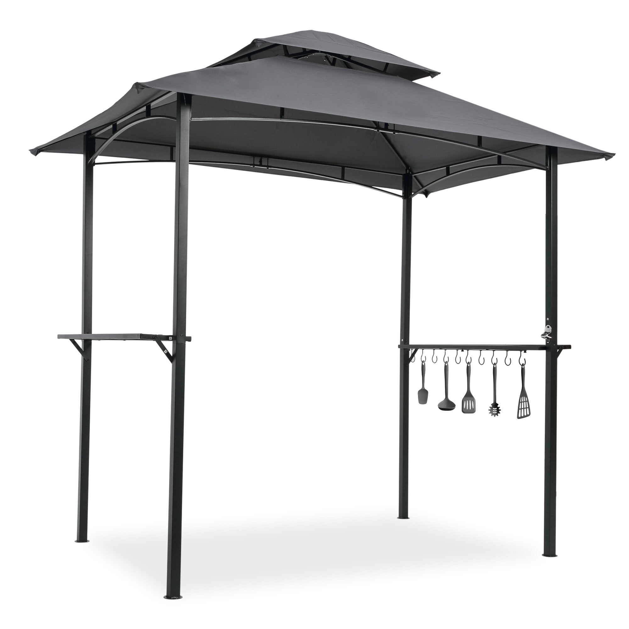 Outdoor Grill Gazebo 8 x 5 Ft, Shelter Tent, Double Tier Soft Top Canopy and Steel Frame with hook and Bar Counters, -grey