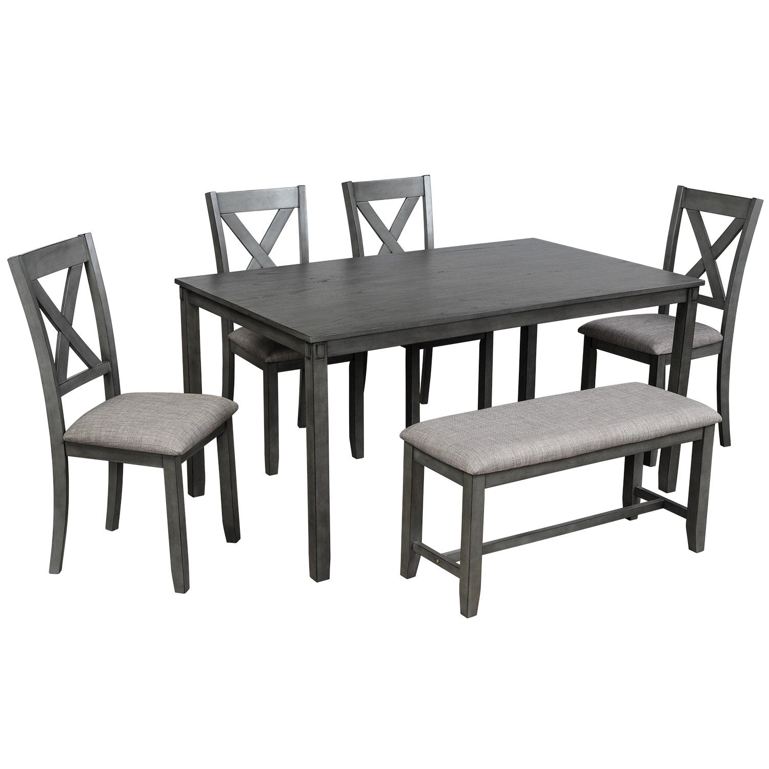6-Piece Kitchen Dining Table Set Wooden Rectangular Dining Table, 4 Dining Chair and Bench Family Furniture for 6 People (Grey)
