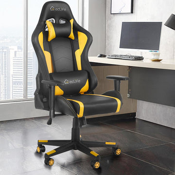 Massage Gaming Chair with Removable Massage Lumbar Cushion-Yellow