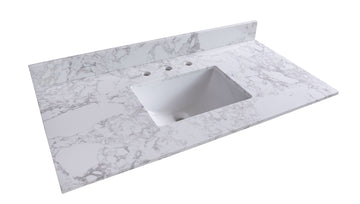 Bathroom stone vanity top  engineered stone carrara white marble color with rectangle undermount ceramic sink and  3 faucet hole with back splash