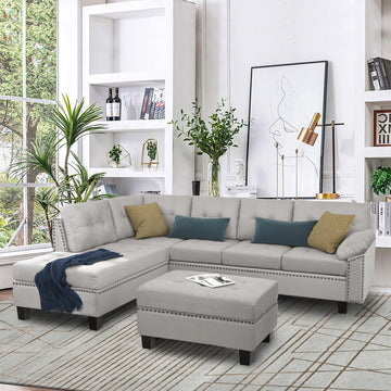 Sectional Sofa Set with Chaise Lounge and Storage Ottoman Nail Head Detail (Grey)