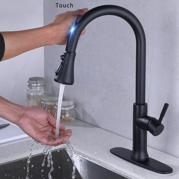 Clihome® | Single-Handle Pull-Down Sprayer Kitchen Faucet With Deck Plate in Black