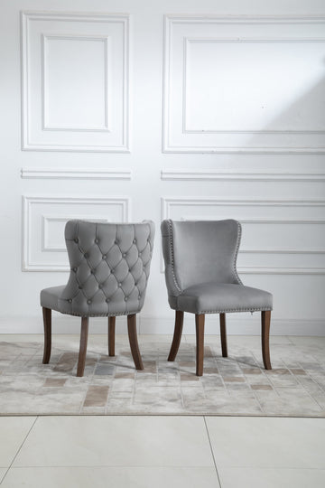 2 PCS Light Grey Upholstered Wing-Back Dining Chair with Back-stitching Nail-head Trim and Solid Wood Legs