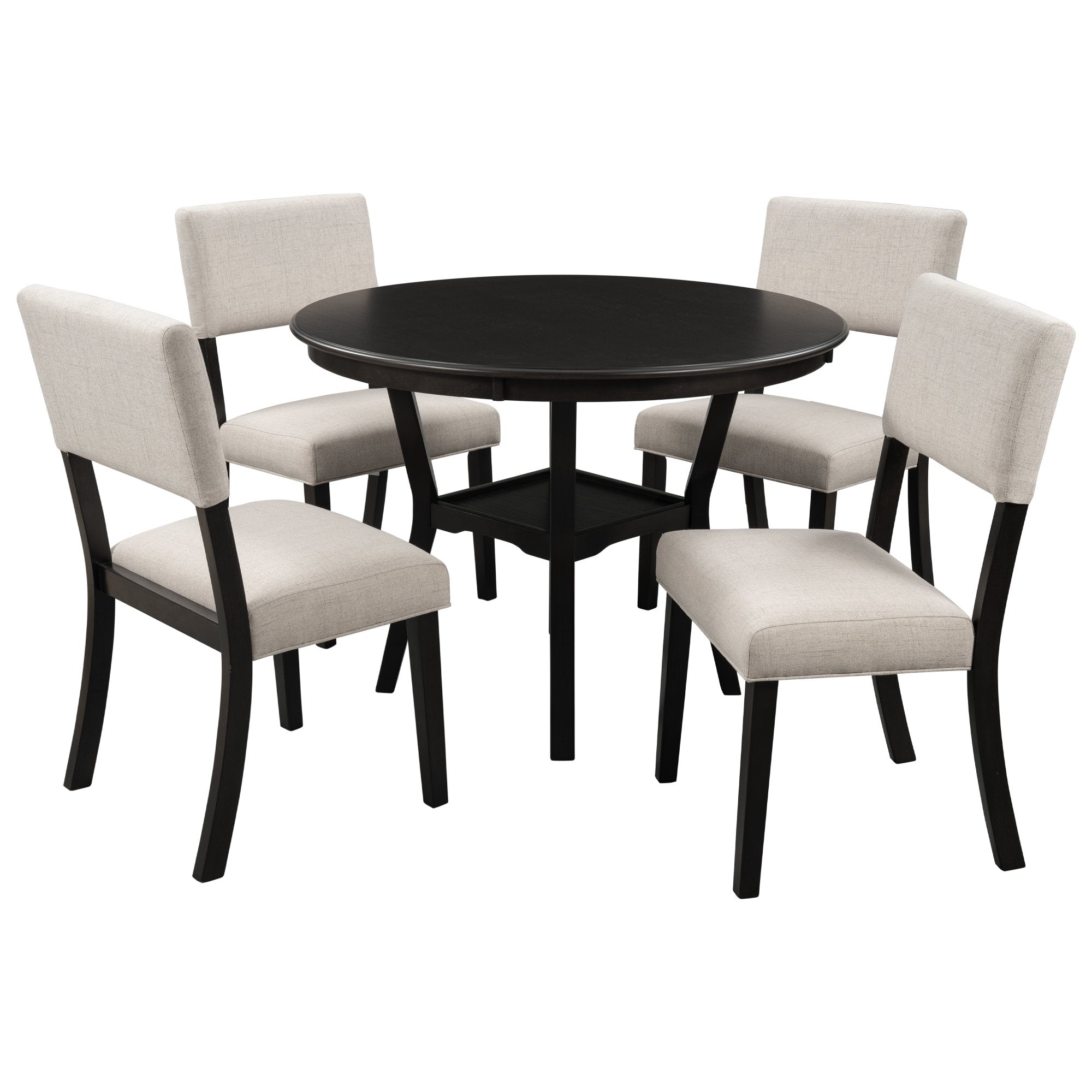5-Piece Kitchen Dining Table Set Round Table with Bottom Shelf 4 Upholstered Chairs for Dining Room Espresso