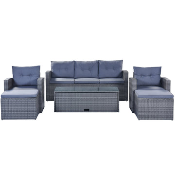 6-piece  Wicker PE rattan Patio Outdoor Dining Conversation Sectional Set  (Dark grey wicker, Light grey cushion)