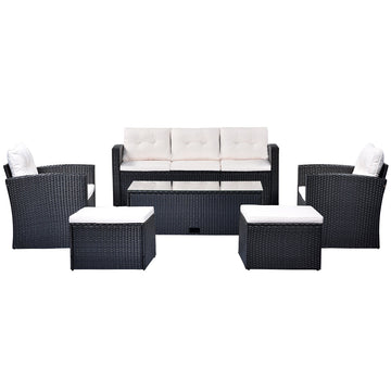 6-piece Wicker PE rattan Patio Outdoor Dining Conversation Sectional Set with coffee table, wicker sofas, ottomans, removable cushions (Black wicker, Beige cushion)