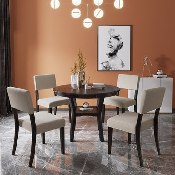 5-Piece Kitchen Dining Table Set Round Table with Bottom Shelf 4 Upholstered Chairs for Dining Room Espresso