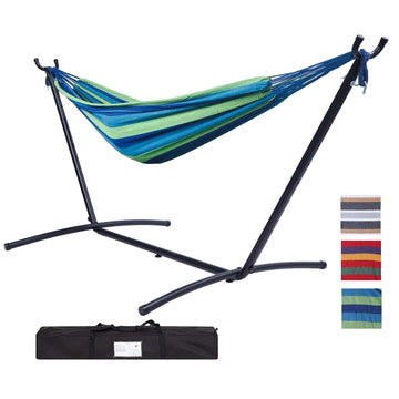Outdoor Free Standing Classic Colorful Hammock with Stand，Blue/Green Striped