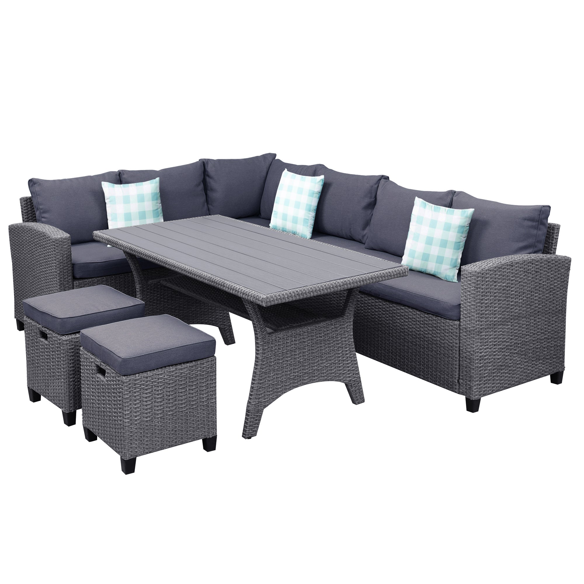 Patio Furniture Set, 5 Piece Outdoor Conversation Set, Dining Table Chair with Ottoman and Throw Pillows