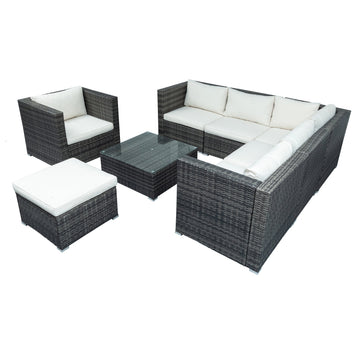 Patio Furniture Sets, Outdoor PE Rattan Sectional Sofa, 8-Piece Patio Wicker Corner Sofa with Cushions, Ottoman and Coffee Table