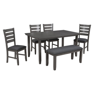 Dining Room Table and Chairs with Bench, Rustic Wood Dining Set, Set of 6 (Gray)