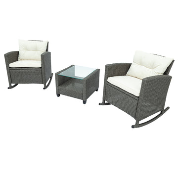 3 Piece Rocking Patio Furniture Set, Wicker Rattan Set with Cushions and Glass-Top Coffee Table for Garden Backyard
