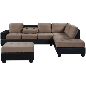 Convertible L Shaped Sectional Sofa with Reversible Chaise, Storage Ottoman and Two Cup Holders