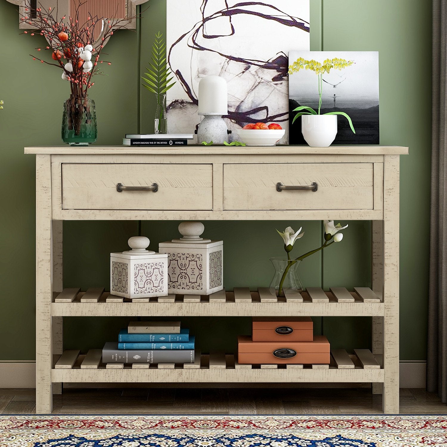 Retro Console Table for Entryway with Drawers and Shelf Living Room Furniture
