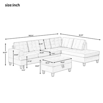 Upholstery Sectional Sofa with storage ottoman, thick cushions