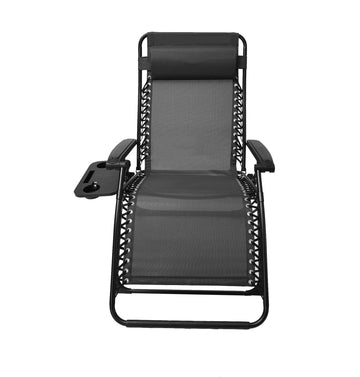 Outdoor Patio Folding  Lounge Chair,Camp Reclining Chair with Pillow and cup holder ,Black