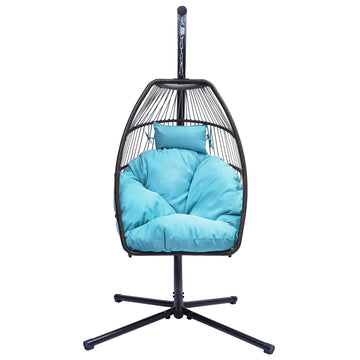 Patio Wicker folding Hanging Chair,Rattan Swing Hammock Egg Chair with C Type bracket , with cushion and pillow,Blue
